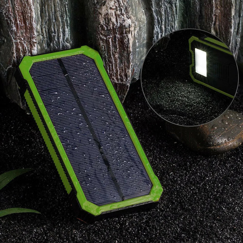 Orange 20000mAh solar power bank showing USB ports and solar panel, dimensions 161x79x17mm.
