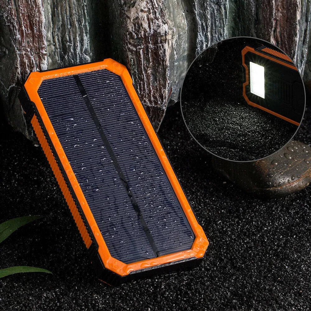 Orange 20000mAh solar power bank showing USB ports and solar panel, dimensions 161x79x17mm.