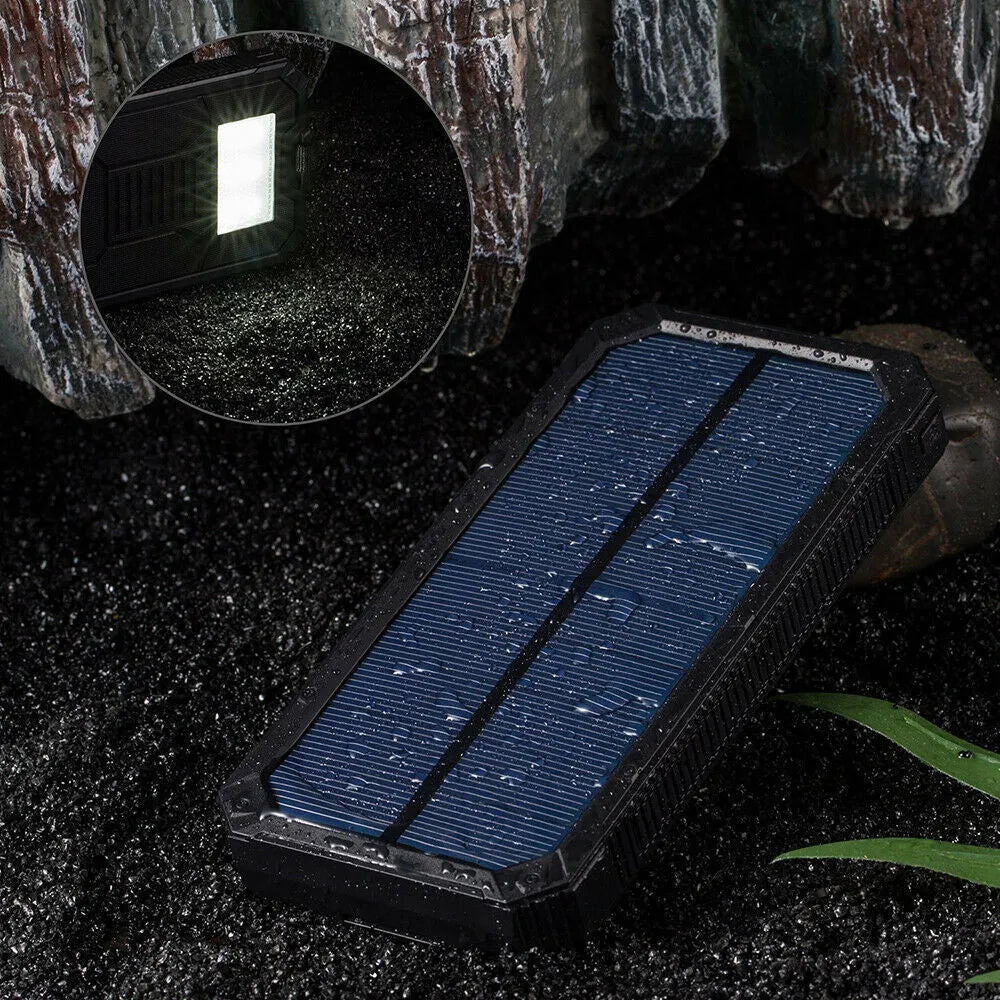 Orange 20000mAh solar power bank showing USB ports and solar panel, dimensions 161x79x17mm.