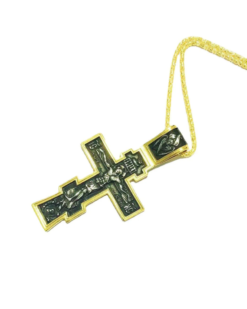 Gold cross Jesus pendant necklace on alloy chain, 5cm length, geometric design