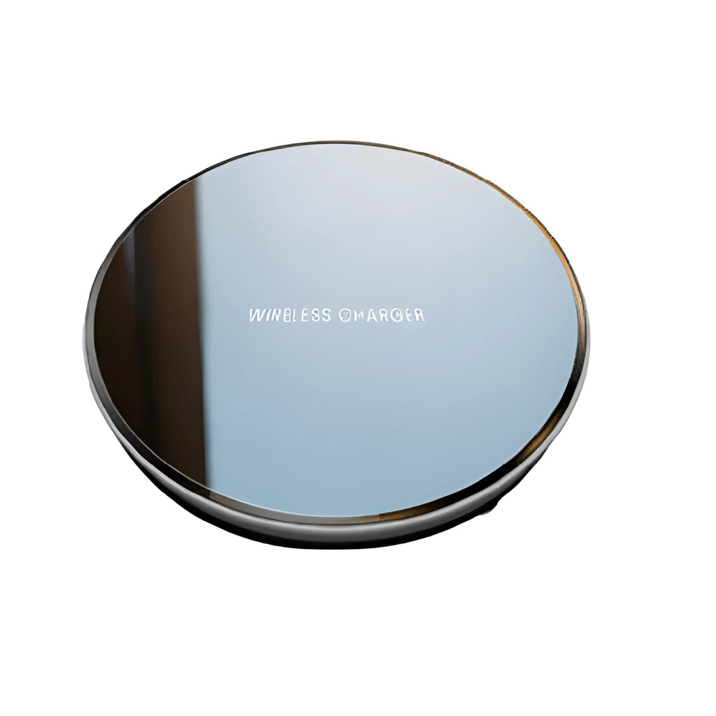 Round acrylic wireless charger with private mode, 5W, 100x8mm, in glossy black finish.
