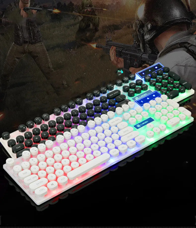 Limei Tx30 retro punk keyboard with rainbow backlight and round key caps, black colour, on a desk