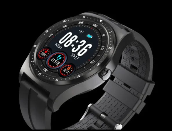 Full circle touch smart watch with zinc alloy case on silicone wrist strap monitoring heart rate and blood pressure
