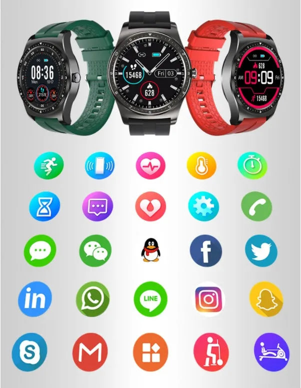Full circle touch smart watch with zinc alloy case on silicone wrist strap monitoring heart rate and blood pressure