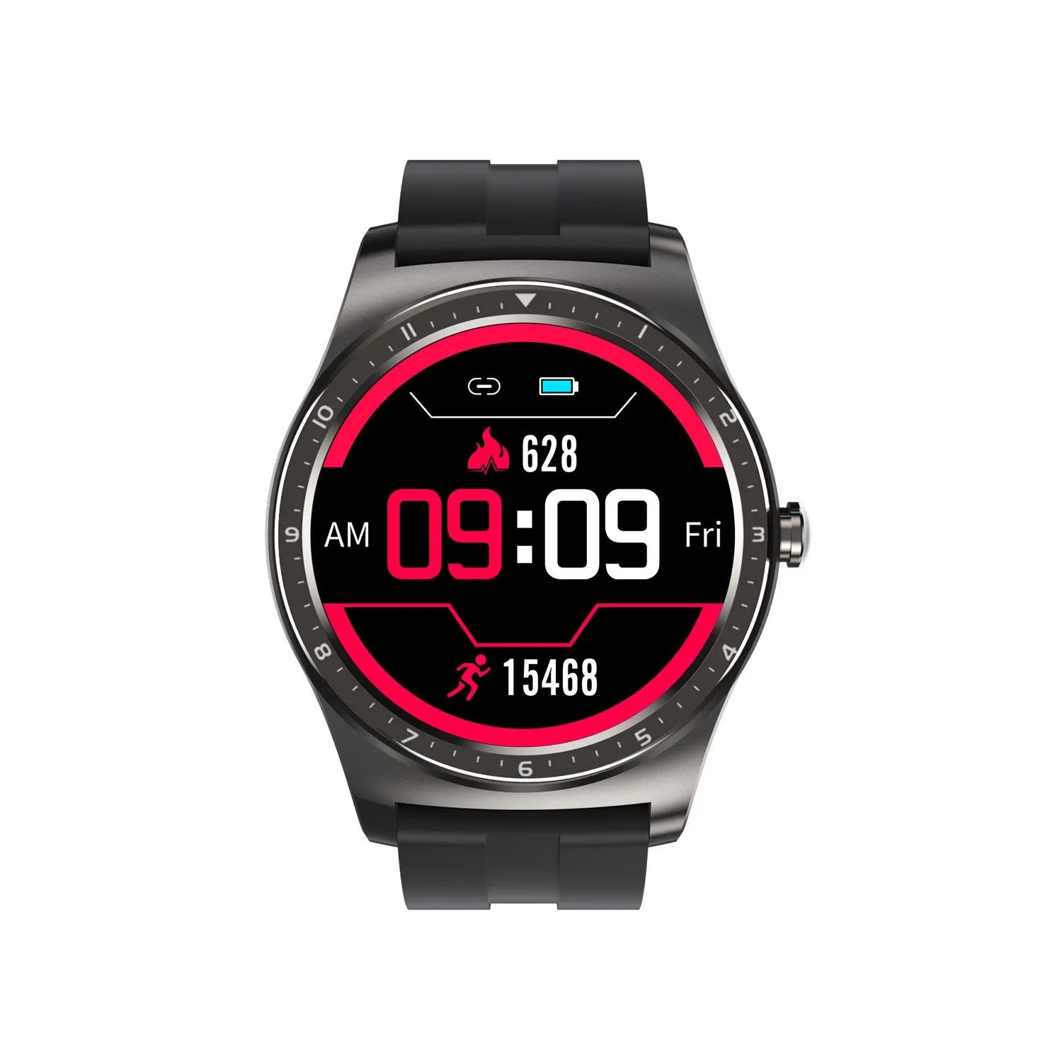 Full circle touch smart watch with zinc alloy case on silicone wrist strap monitoring heart rate and blood pressure