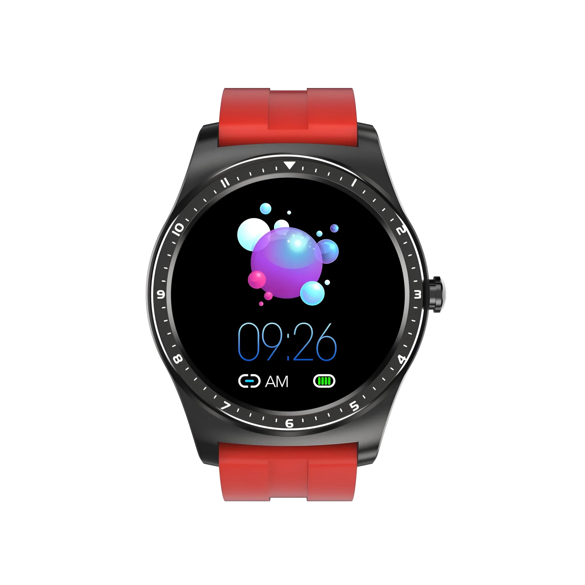 Full circle touch smart watch with zinc alloy case on silicone wrist strap monitoring heart rate and blood pressure
