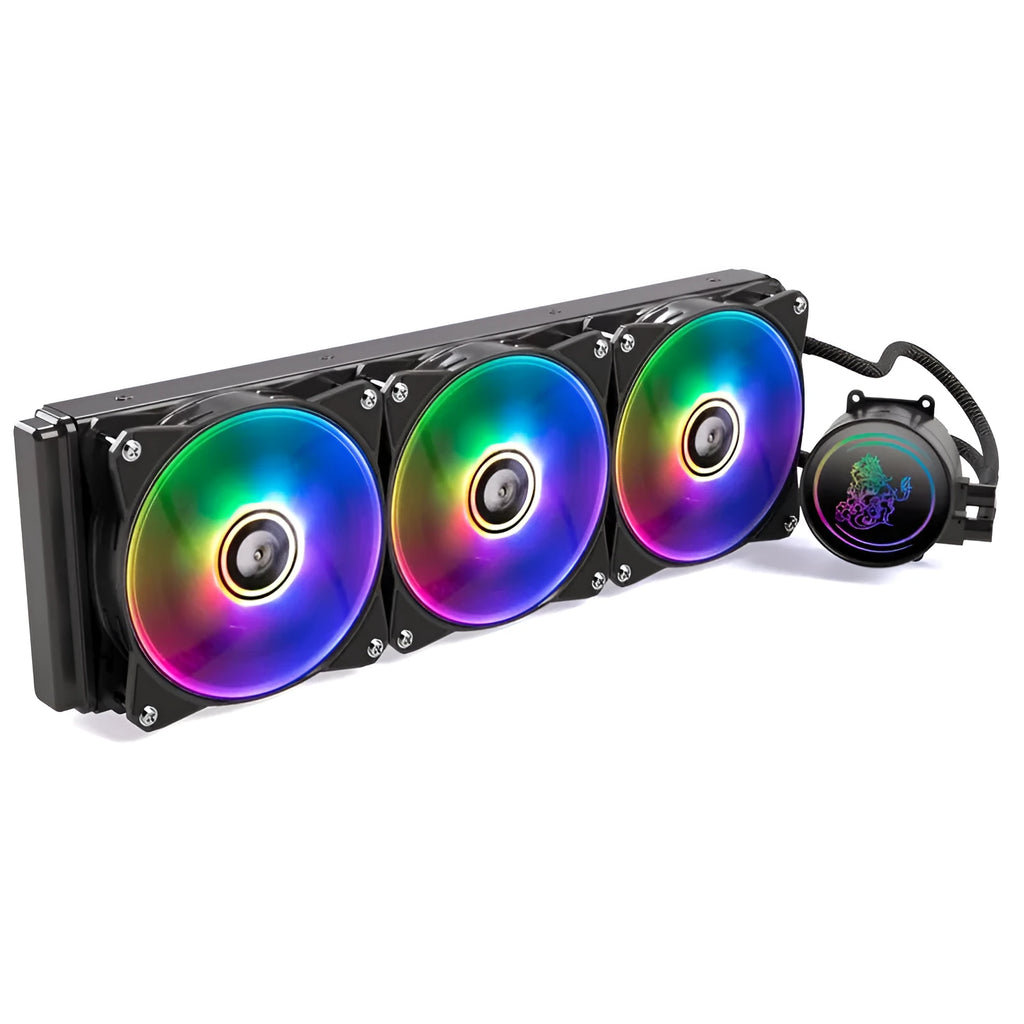 Kirin 240 CPU water cooling radiator with ARGB lighting and a 24 cm black aluminium fin stack.