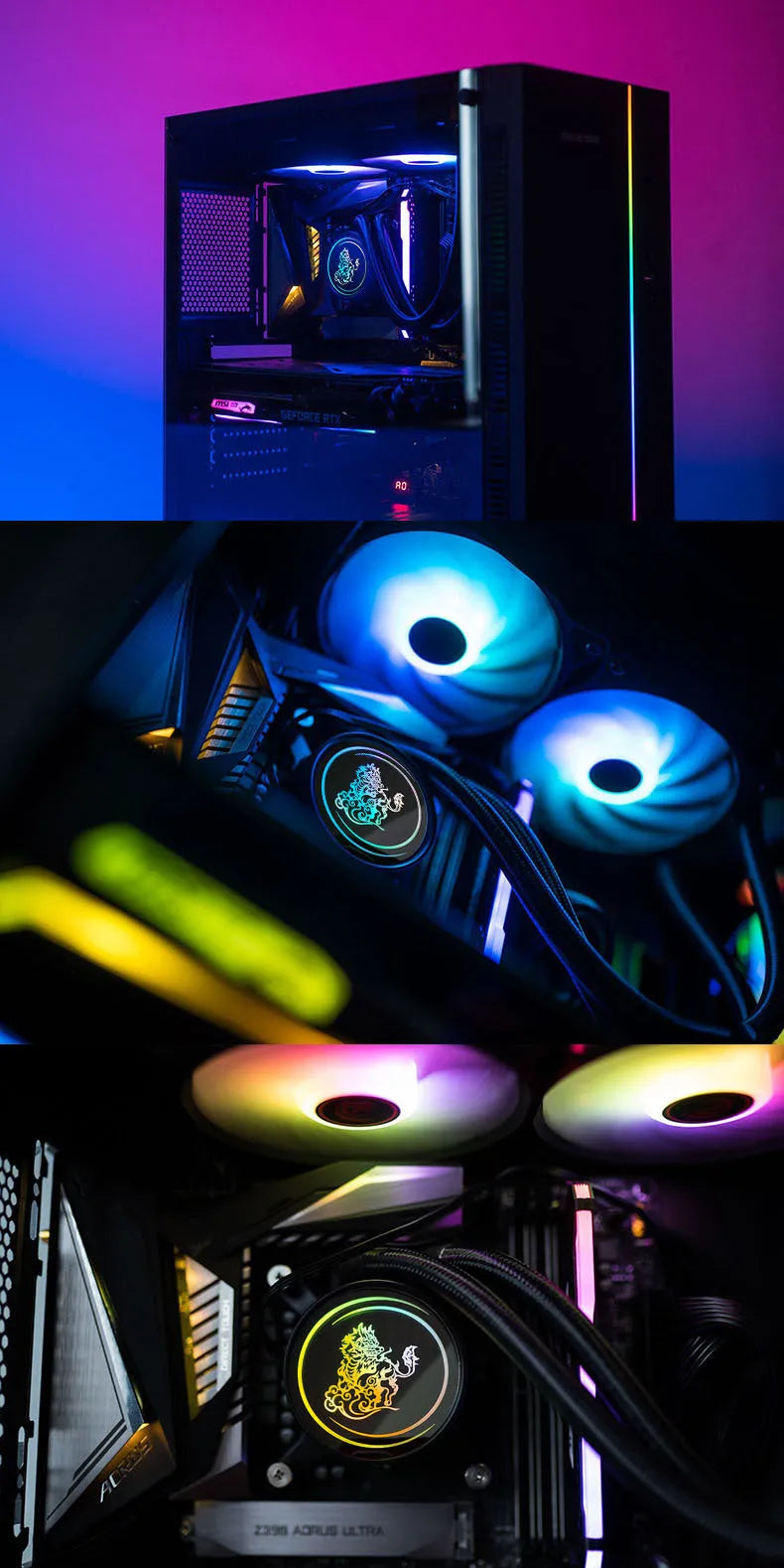 Kirin 240 CPU water cooling radiator with ARGB lighting and a 24 cm black aluminium fin stack.