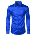 Men's black satin dress shirt with long sleeves and pointed collar on a plain background