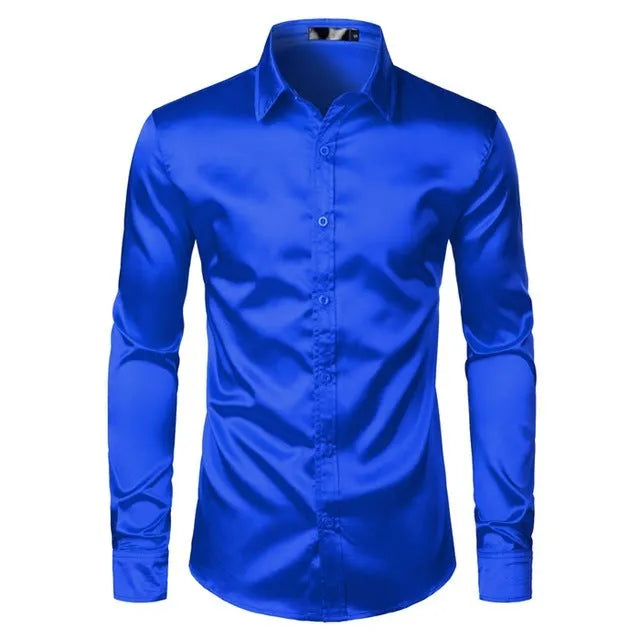 Men's black satin dress shirt with long sleeves and pointed collar on a plain background