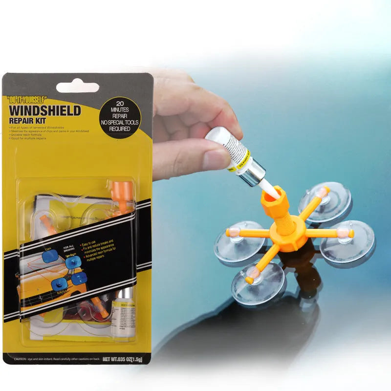Yellow auto glass repair fluid in 2ml bottle for windscreen crack repair with corrector tool