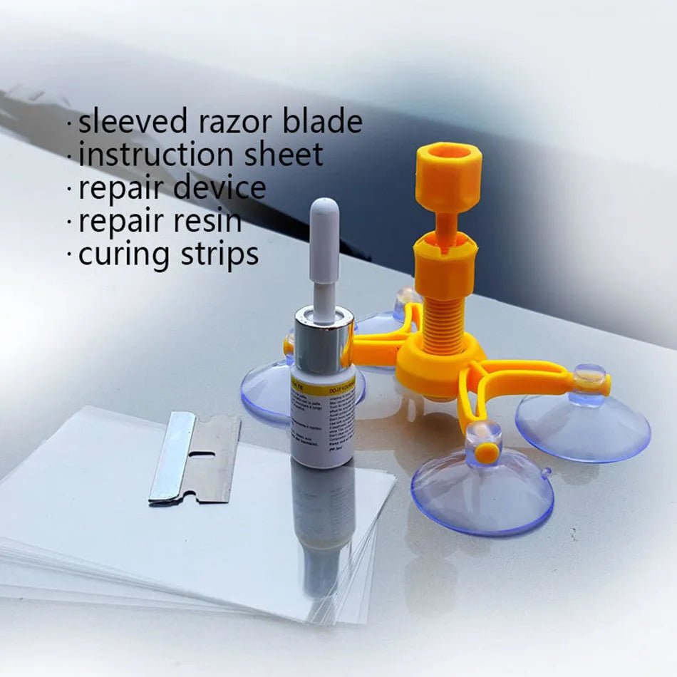 Yellow auto glass repair fluid in 2ml bottle for windscreen crack repair with corrector tool