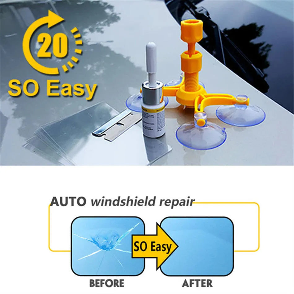 Yellow auto glass repair fluid in 2ml bottle for windscreen crack repair with corrector tool