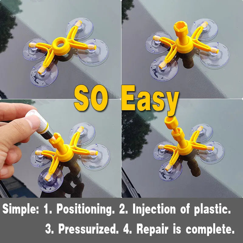 Yellow auto glass repair fluid in 2ml bottle for windscreen crack repair with corrector tool