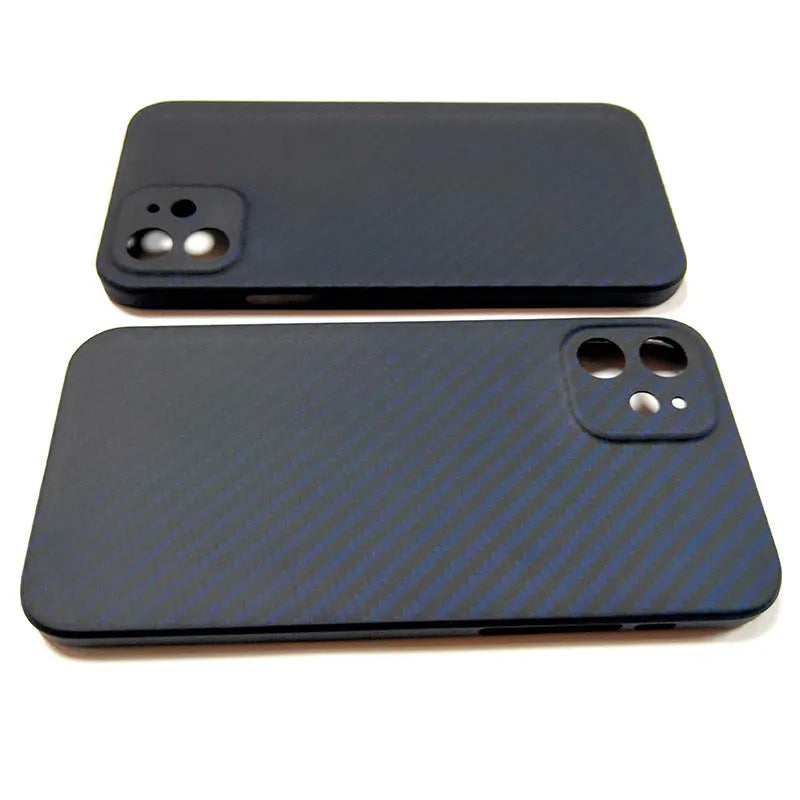Black Kevlar aramid fibre phone case for iPhone 12 series with business stripe pattern and fine hole texture