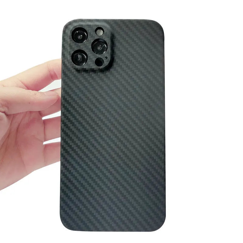 Black Kevlar aramid fibre phone case for iPhone 12 series with business stripe pattern and fine hole texture