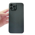 Black Kevlar aramid fibre phone case for iPhone 12 series with business stripe pattern and fine hole texture