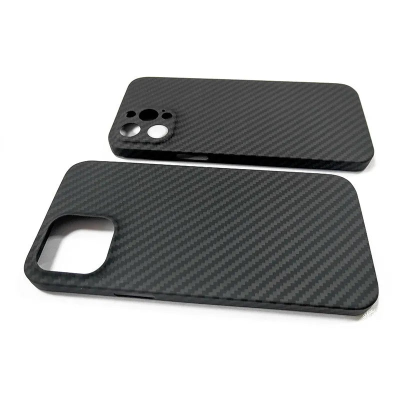 Black Kevlar aramid fibre phone case for iPhone 12 series with business stripe pattern and fine hole texture