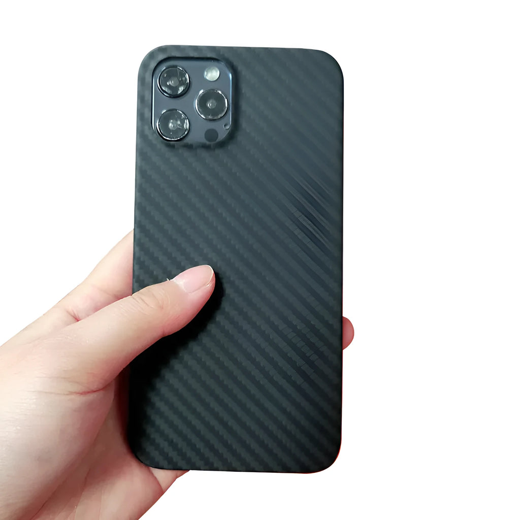 Black Kevlar aramid fibre phone case for iPhone 12 series with business stripe pattern and fine hole texture