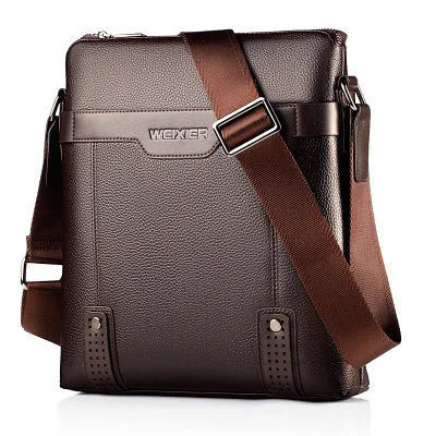 Men's black PU leather shoulder bag with zipper opening showing 28x25x6cm dimensions