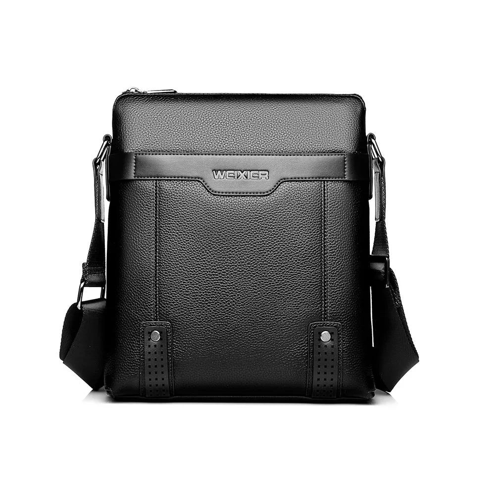 Men's black PU leather shoulder bag with zipper opening showing 28x25x6cm dimensions