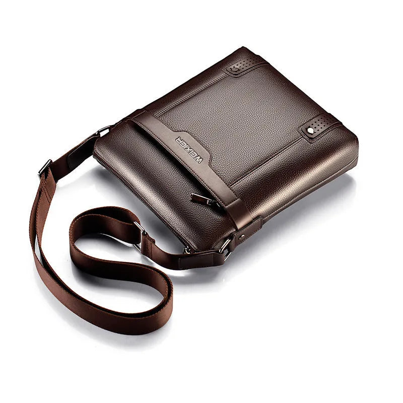 Men's black PU leather shoulder bag with zipper opening showing 28x25x6cm dimensions