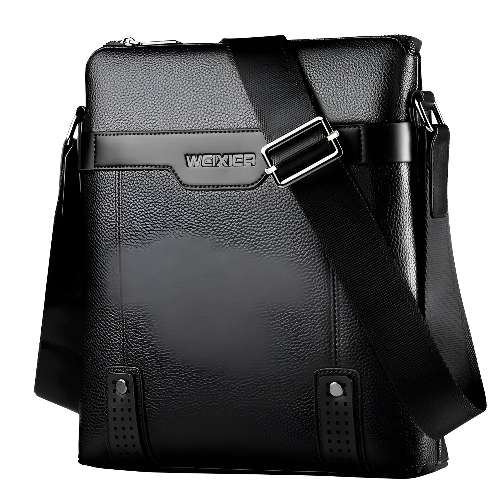 Men's black PU leather shoulder bag with zipper opening showing 28x25x6cm dimensions