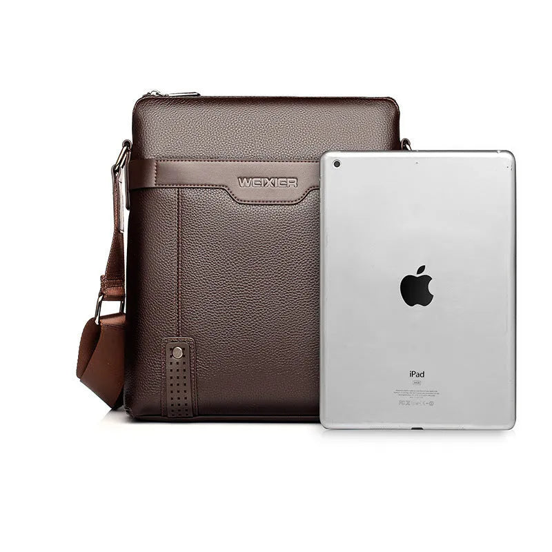 Men's black PU leather shoulder bag with zipper opening showing 28x25x6cm dimensions