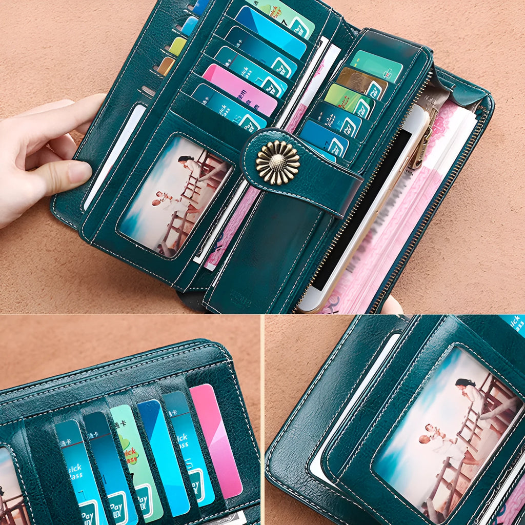 Hollow women clutch leather wallet bovine split skin zipper closure vertical square shape solid colour handbag accessory