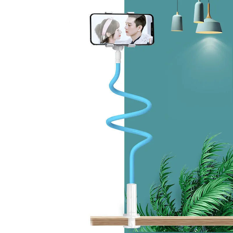 Blue bedside mobile phone holder with flexible memory alloy hose holding a smartphone