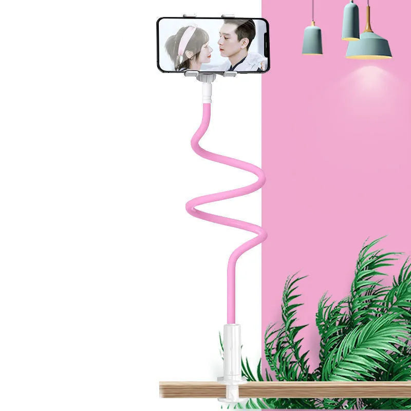 Blue bedside mobile phone holder with flexible memory alloy hose holding a smartphone