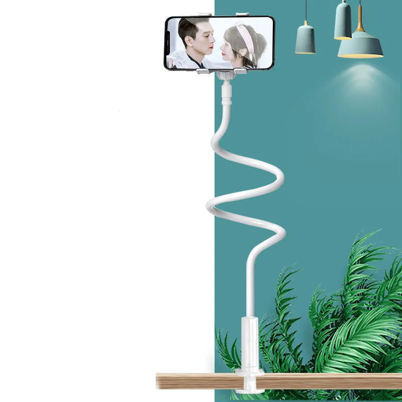 Blue bedside mobile phone holder with flexible memory alloy hose holding a smartphone