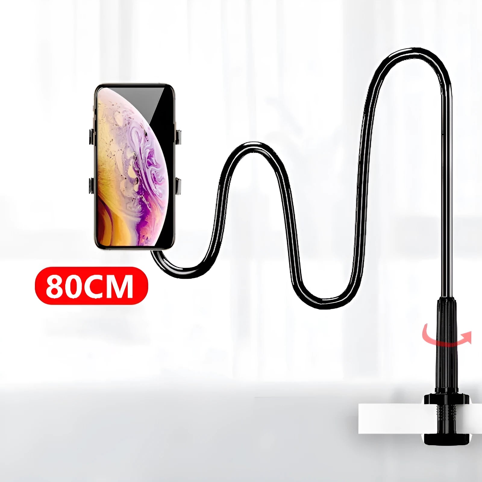 Blue bedside mobile phone holder with flexible memory alloy hose holding a smartphone