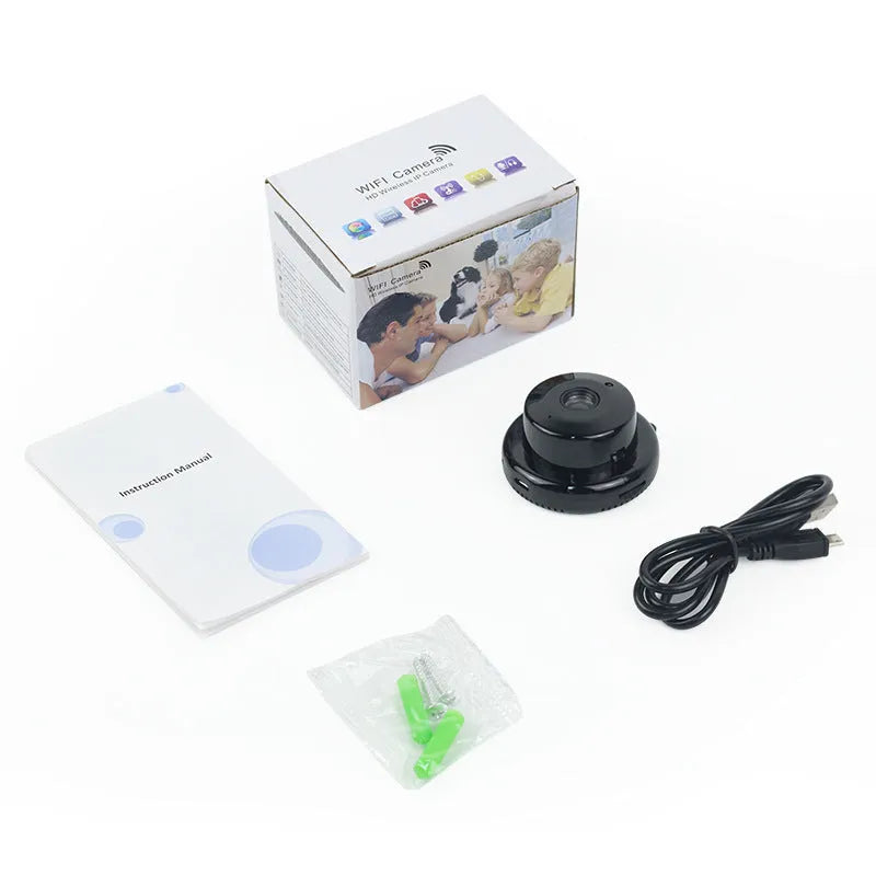 Black compact home wifi camera with HD 1080P resolution and night vision, 90x60x60mm
