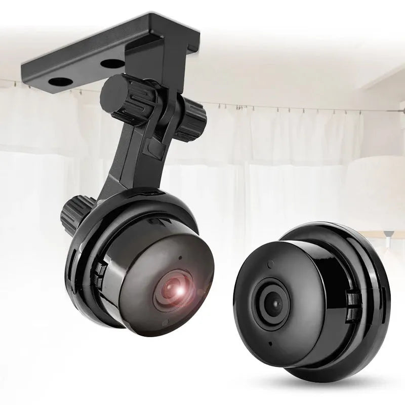Black compact home wifi camera with HD 1080P resolution and night vision, 90x60x60mm