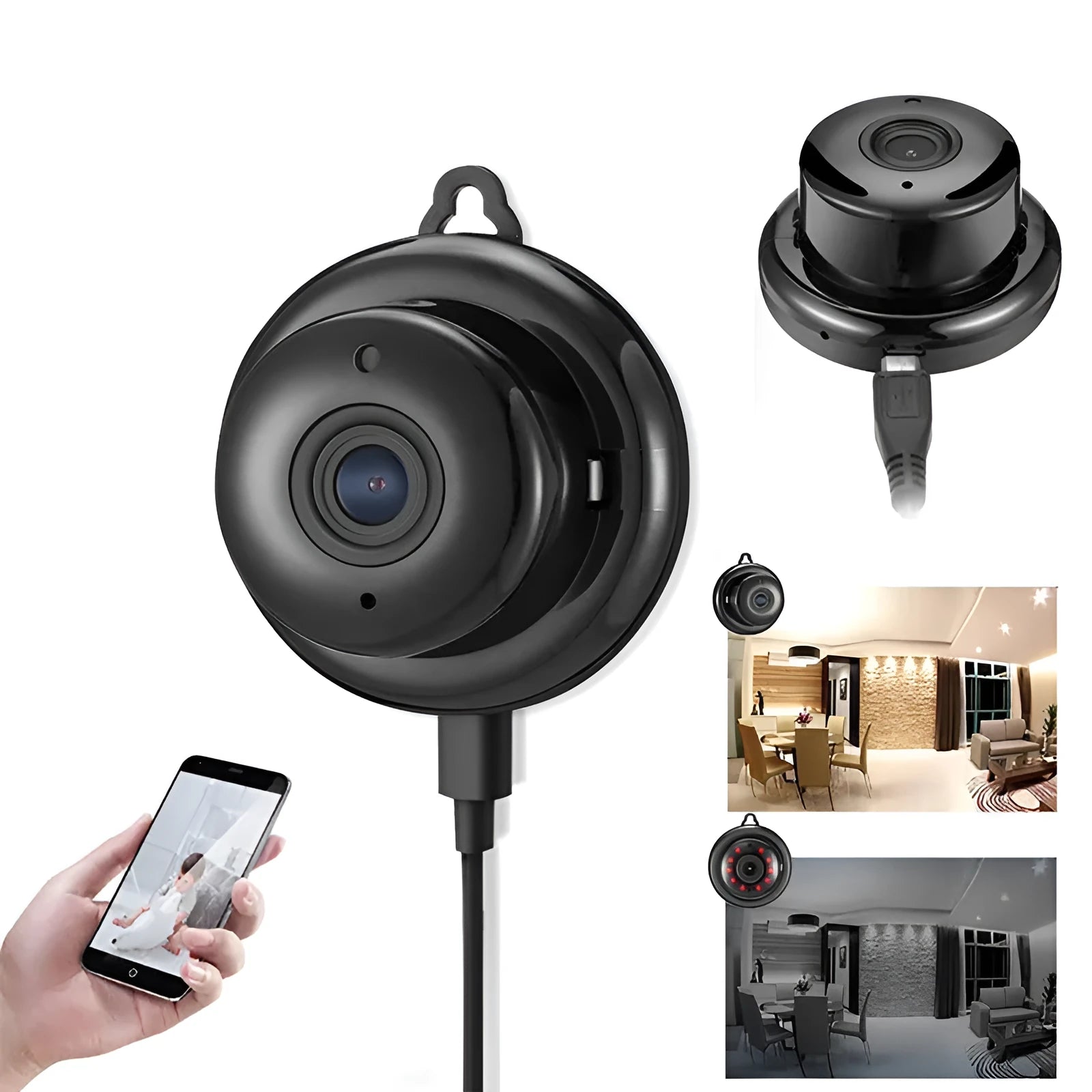 Black compact home wifi camera with HD 1080P resolution and night vision, 90x60x60mm
