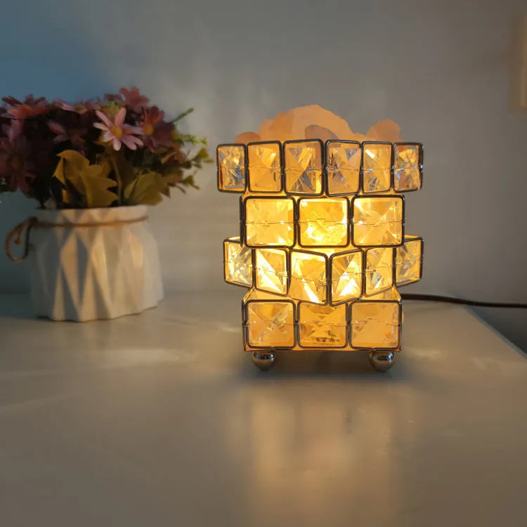 Crystal salt lamp on table with LED glow, light luxury style, large square crystal and salt option