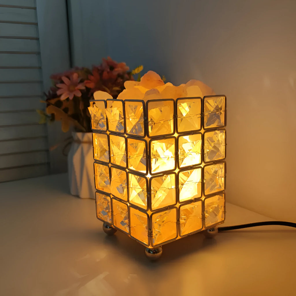 Crystal salt lamp on table with LED glow, light luxury style, large square crystal and salt option