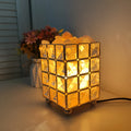 Crystal salt lamp on table with LED glow, light luxury style, large square crystal and salt option