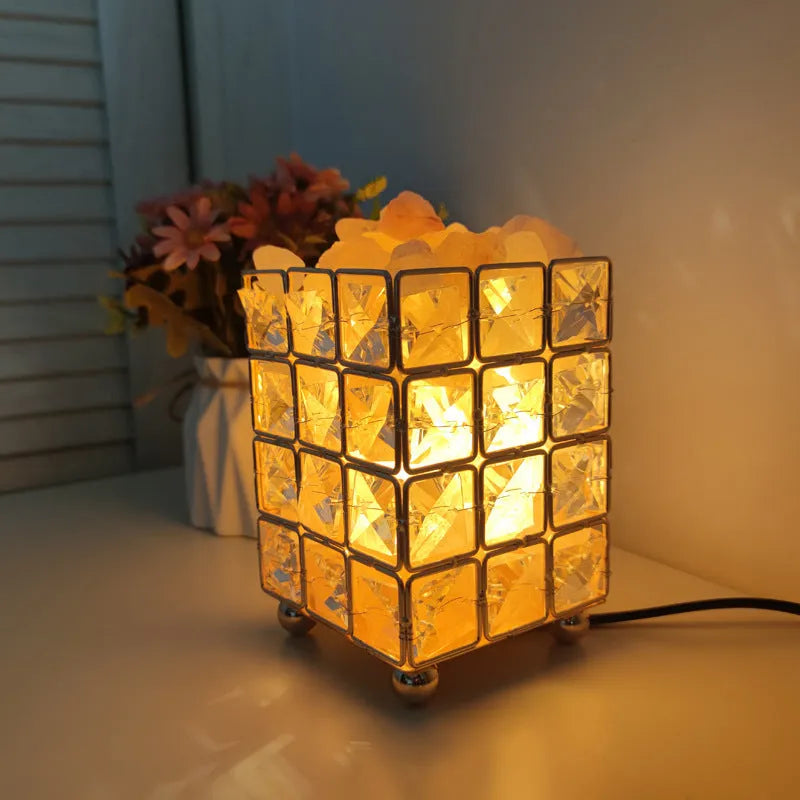 Crystal salt lamp on table with LED glow, light luxury style, large square crystal and salt option