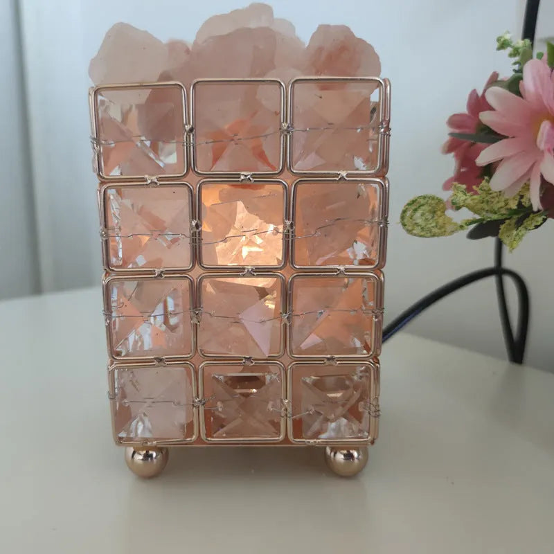 Crystal salt lamp on table with LED glow, light luxury style, large square crystal and salt option