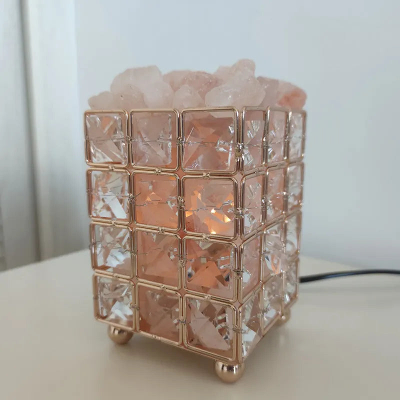 Crystal salt lamp on table with LED glow, light luxury style, large square crystal and salt option