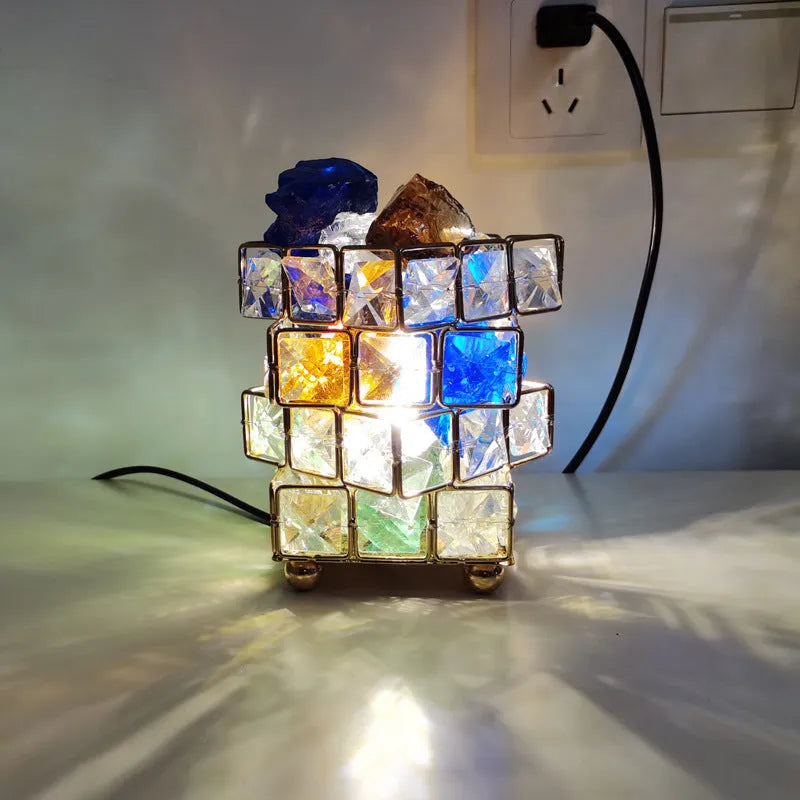 Crystal salt lamp on table with LED glow, light luxury style, large square crystal and salt option