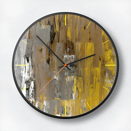 Round abstract art wall clock with metal case and black design, showing 12 and 14 inch size options.