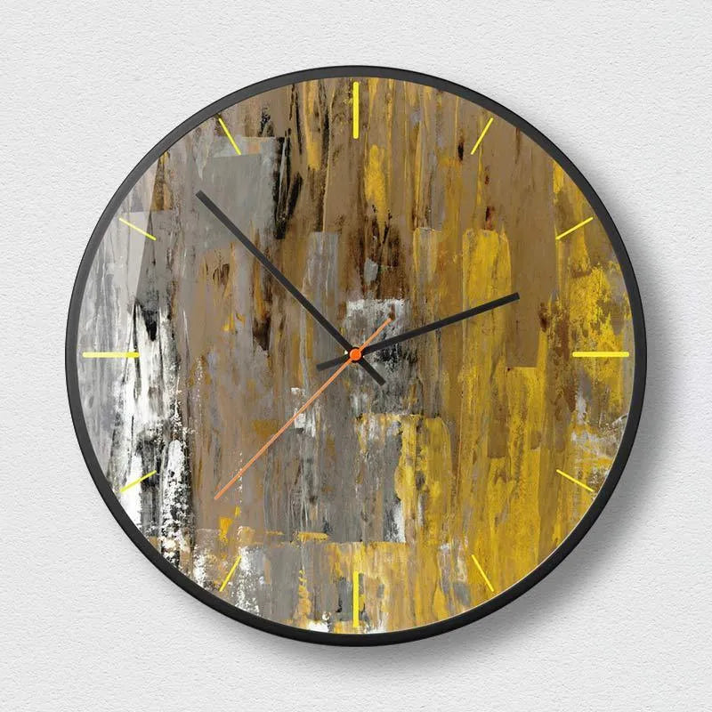 Round abstract art wall clock with metal case and black design, showing 12 and 14 inch size options.