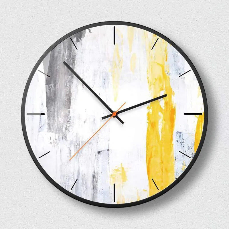 Round abstract art wall clock with metal case and black design, showing 12 and 14 inch size options.