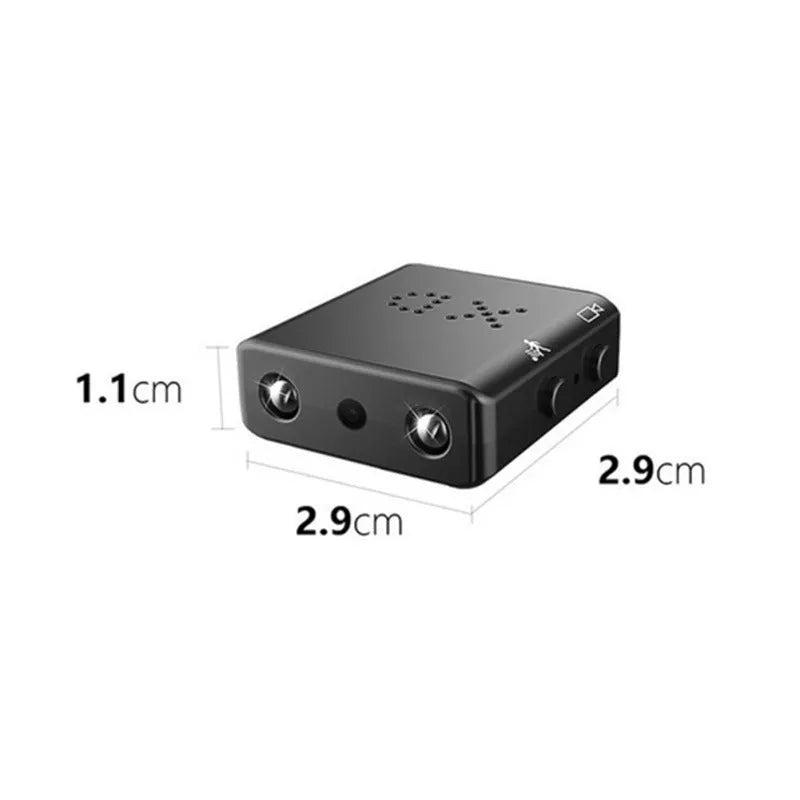 Mini Full HD 1080P night vision security camera in black, showing compact size and recording status