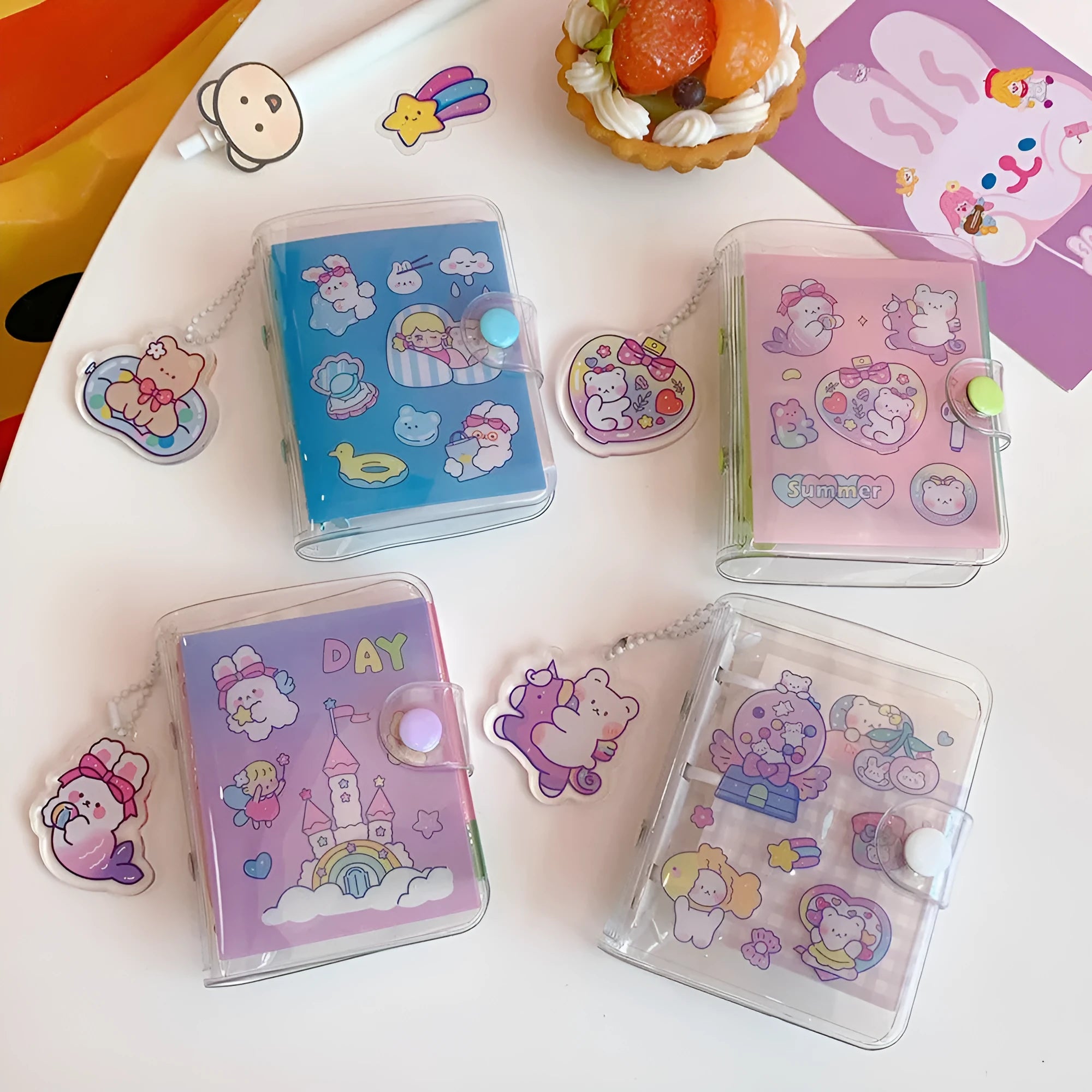 Japanese-style loose leaf refills with heart designs featuring love bear, candy bear, star bunny, and rainbow castle character themes