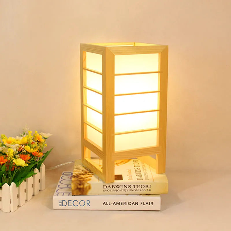 Solid wood Korean style bedside lamp with bamboo wood holder for tatami bedrooms
