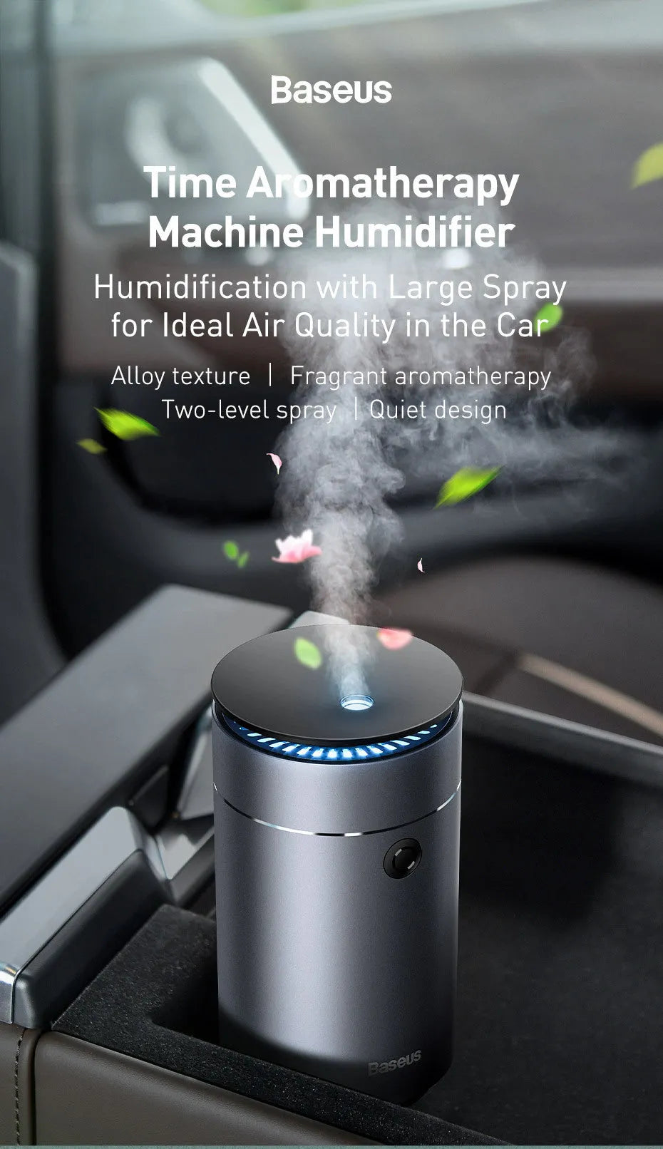 Time car air purifier in Grey with metal casing placed in a car interior